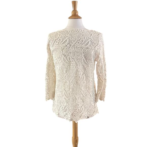 J. Jill Ivory Cotton 3/4 Sleeve Lace Overlay Round Neck Blouse, Size M - Picture 4 of 11